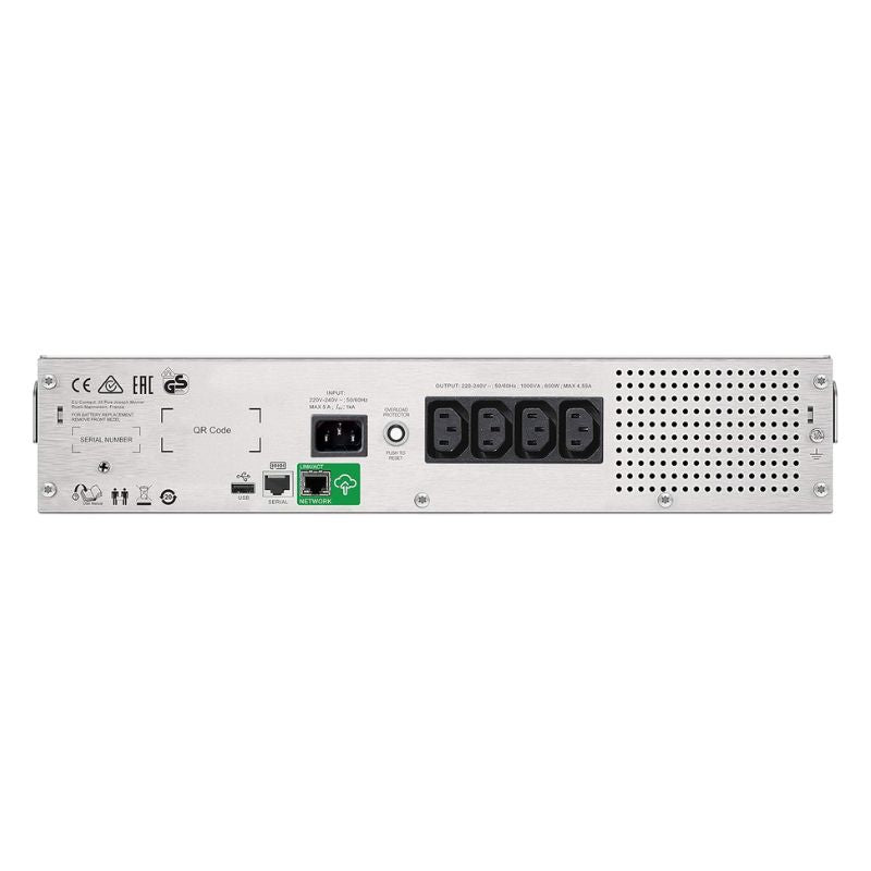 APC Smart-UPS C، تفاعلي خطي، 1000 فولت أمبير، مثبت على حامل 2U، 230 فولت، 4 منافذ IEC C13، اتصال USB وتسلسلي، AVR، شاشة عرض رسومية LCD SMC1000I-2U