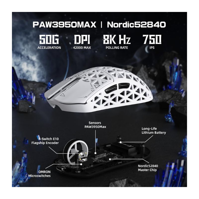 ماوس الألعاب اللاسلكي RGB من أتاك شارك R5 ألترا ألياف الكربون 42000 نقطة لكل بوصة – أبيض