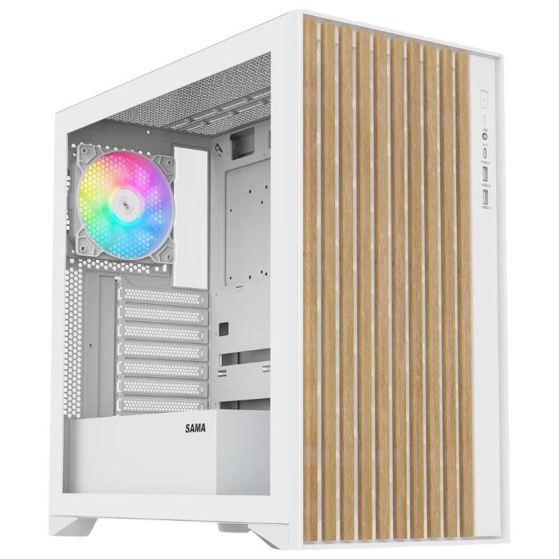 SAMA V-Nature SV-05 Mid Tower ATX Gaming Case BTF Back Plug Motherboard (4 Pre-Installed ARGB Fans) – White