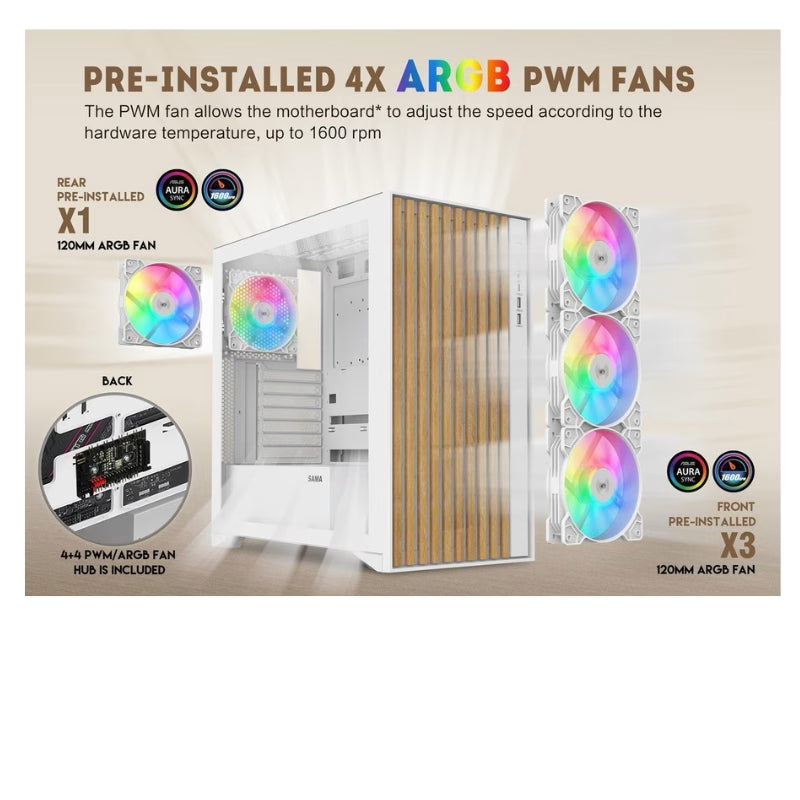 كيس ألعاب ميد تاور SAMA V-Nature SV-05 ATX للوحة الأم بتوصيل خلفي BTF (4 مراوح ARGB مثبتة مسبقًا) - أبيض