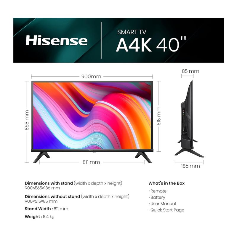 تلفزيون هايسنس 40A4K الذكي 40 بوصة عالي الدقة بالكامل FHD بنظام تشغيل VIDAA – أسود
