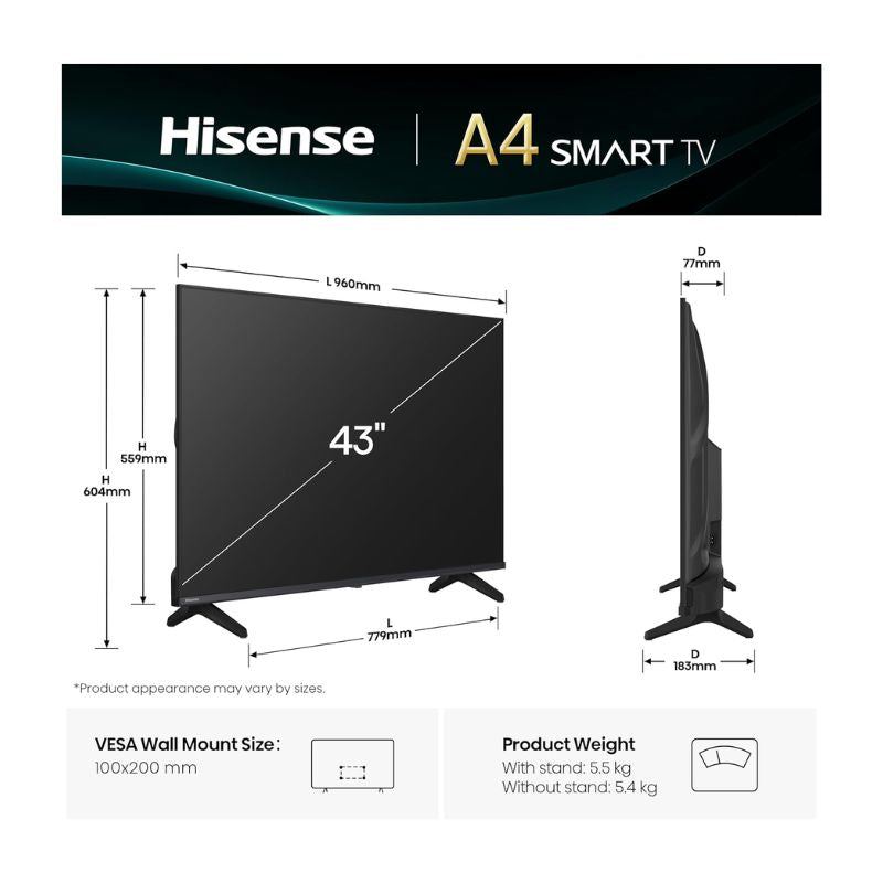 Hisense 43A4Q 43" Full HD Smart TV with VIDAA OS– Black