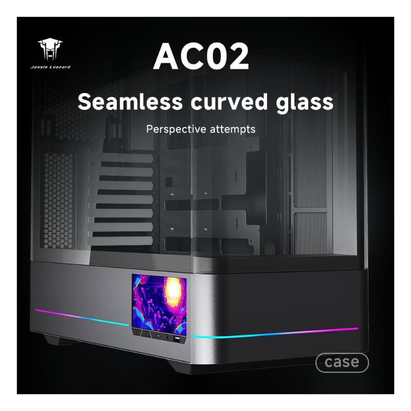 صندوق الألعاب AC-02 Mid Tower ATX "جنجل ليوبارد" مع شاشة LCD (بدون مراوح) - أسود