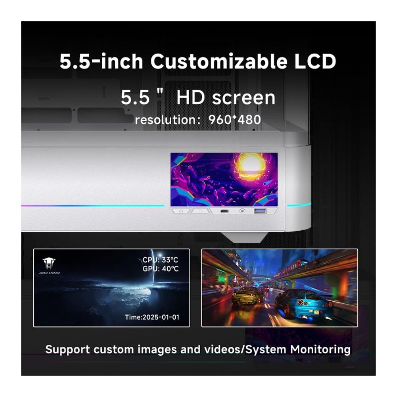 كيس ألعاب ميد تاور من Jungle Leopard AC-02 ATX مع شاشة LCD (بدون مراوح) - أبيض