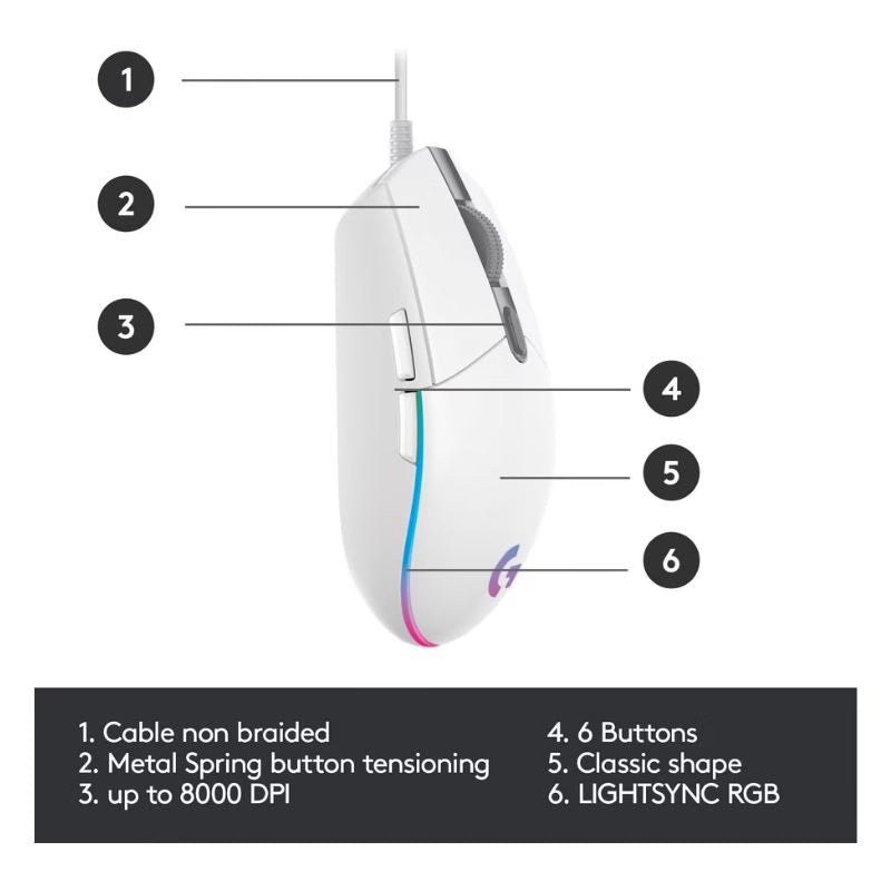 ماوس الألعاب لوجيتك G102 لايت سينك RGB – أبيض