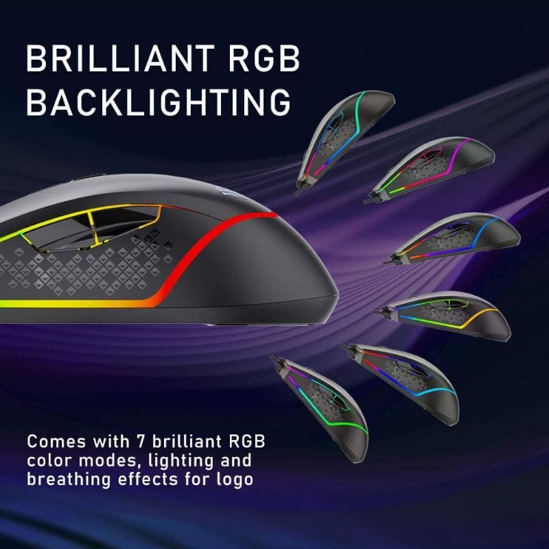 ماوس ألعاب سلكي مريح AULA F805 RGB بدقة 6400 نقطة لكل بوصة باللون الأسود