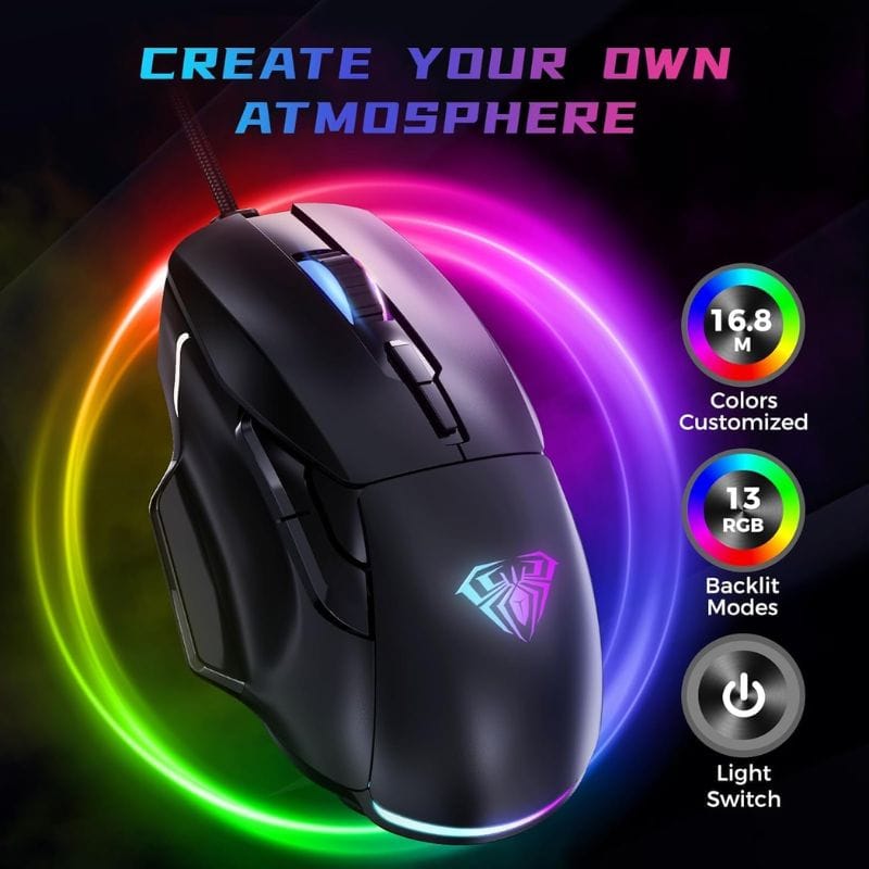 AULA F815 Wired RGB 12800 DPI &amp; 6-Macro Buttons Gaming Mouse Black