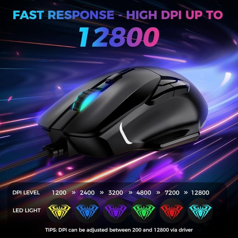 AULA F815 Wired RGB 12800 DPI &amp; 6-Macro Buttons Gaming Mouse Black