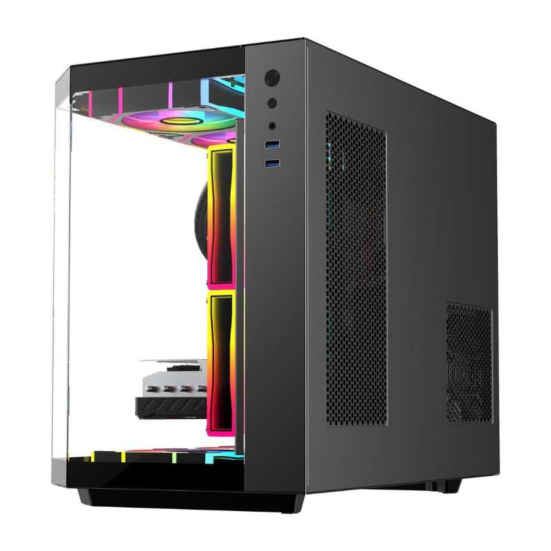 كيس ألعاب زجاجي مقوى من SAMA Neview 2771M MATX (3 مراوح ARGB مثبتة مسبقًا + مروحة ARGB HUB) - أسود