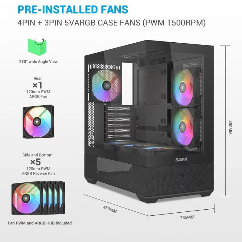 علبة كمبيوتر SAMA V40 ATX Mid Tower (مع 6 مراوح ARGB مثبتة مسبقًا) - أسود
