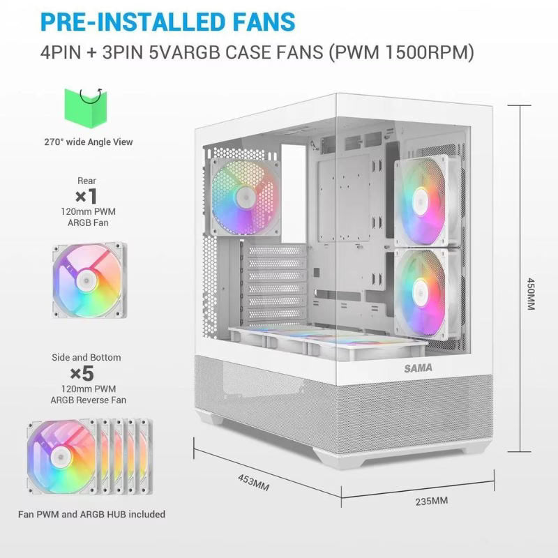 SAMA V40 ATX Mid Tower PC Case (With 6 Pre-Installed ARGB Fans) - White