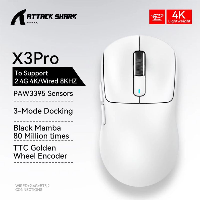 ماوس الألعاب اللاسلكي Attack Shark X3 Pro 26000 DPI RGB – أبيض