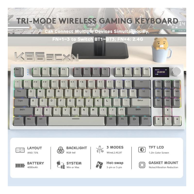 لوحة مفاتيح الألعاب الميكانيكية اللاسلكية ATTACK SHARK K86 RGB - رمادي