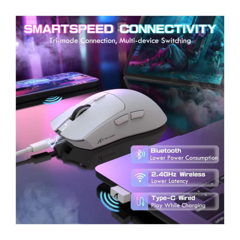 ماوس ألعاب لاسلكي Attack Shark X1 بثلاثة أوضاع وإضاءة RGB ودقة 16000 DPI – أبيض