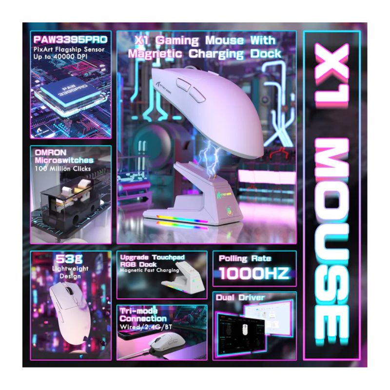 ماوس ألعاب لاسلكي Attack Shark X1 بثلاثة أوضاع وإضاءة RGB ودقة 16000 DPI – أبيض