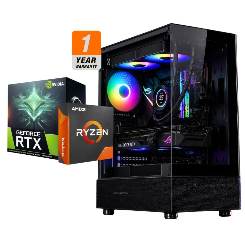 جهاز كمبيوتر الألعاب Black Circuit - معالج AMD Ryzen 5 5500، بطاقة رسومات ASUS Dual RTX 5060 OC بحجم 8 جيجابايت، ذاكرة Kingston 16 جيجابايت DDR4-3200، وحدة تخزين AGI AI818 1 تيرابايت NVMe Gen4