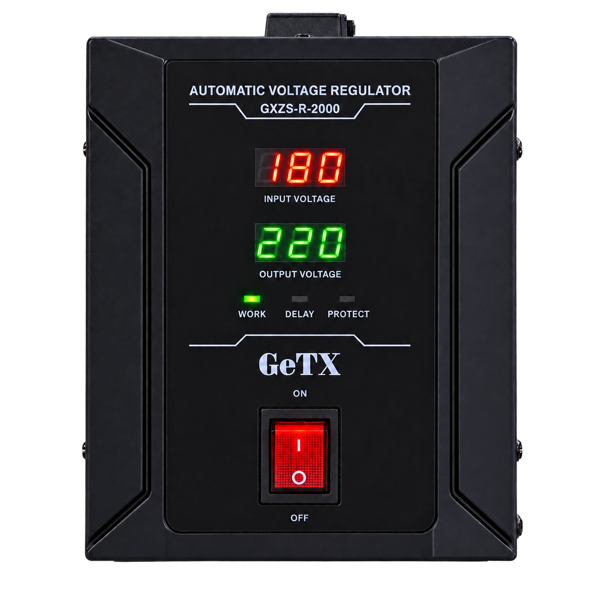 GeTX GXZS-R-2000 2000VA — واجهة أمامية بخلفية شفافة وقراءات تشغيل توضيحية