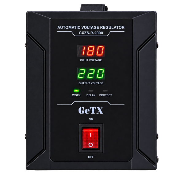 GeTX GXZS-R-2000 2000VA — واجهة أمامية بخلفية شفافة وقراءات تشغيل توضيحية