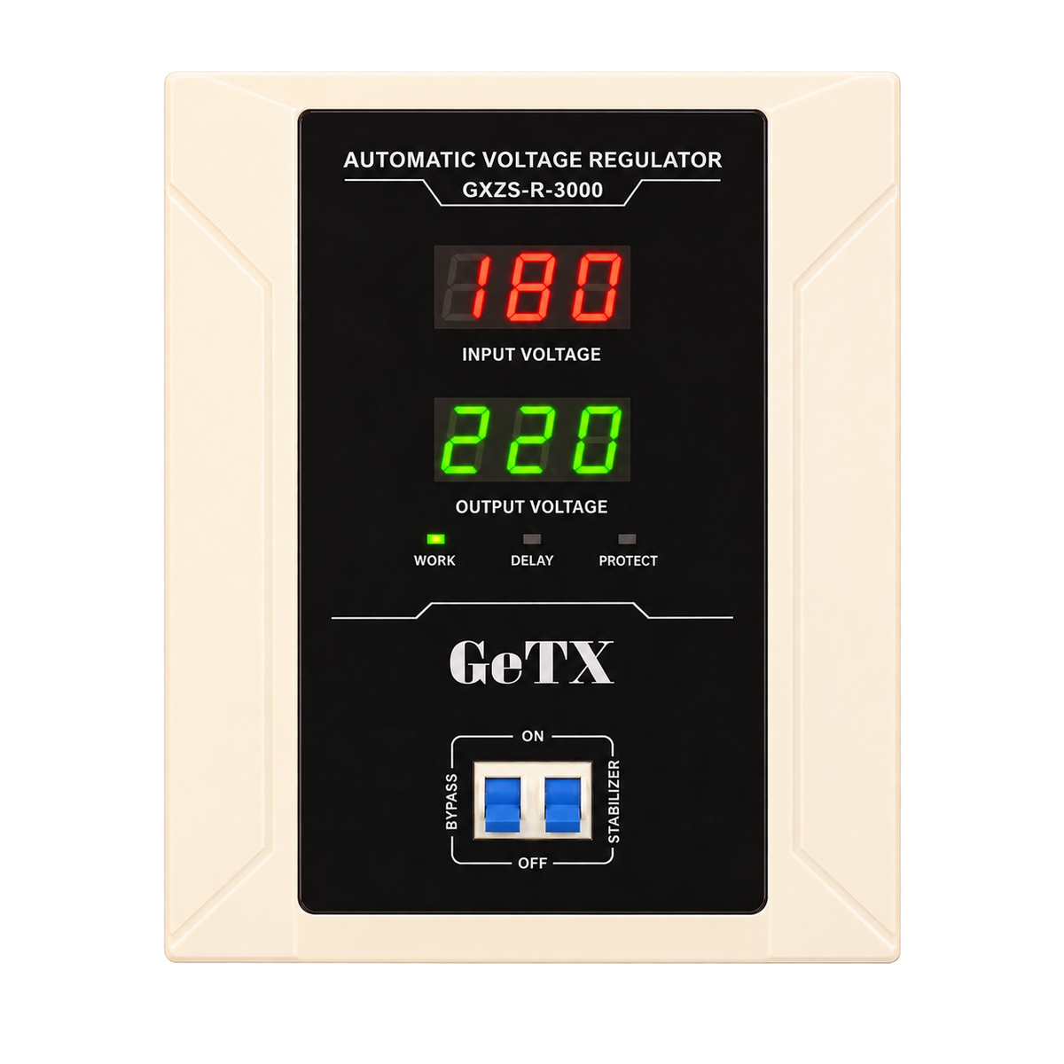GeTX GXZS-R-3000 3000VA — صورة أمامية مفرّغة وقراءات تشغيل توضيحية