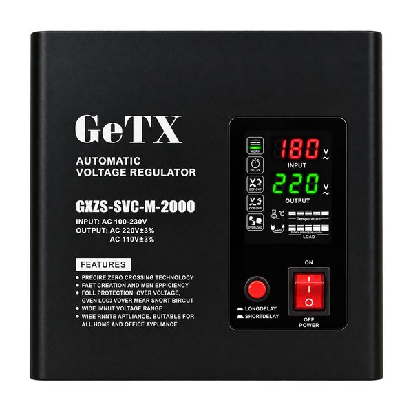 GeTX GXZS-SVC-M-2000 2000VA — صورة أمامية مفرّغة وقراءات تشغيل توضيحية