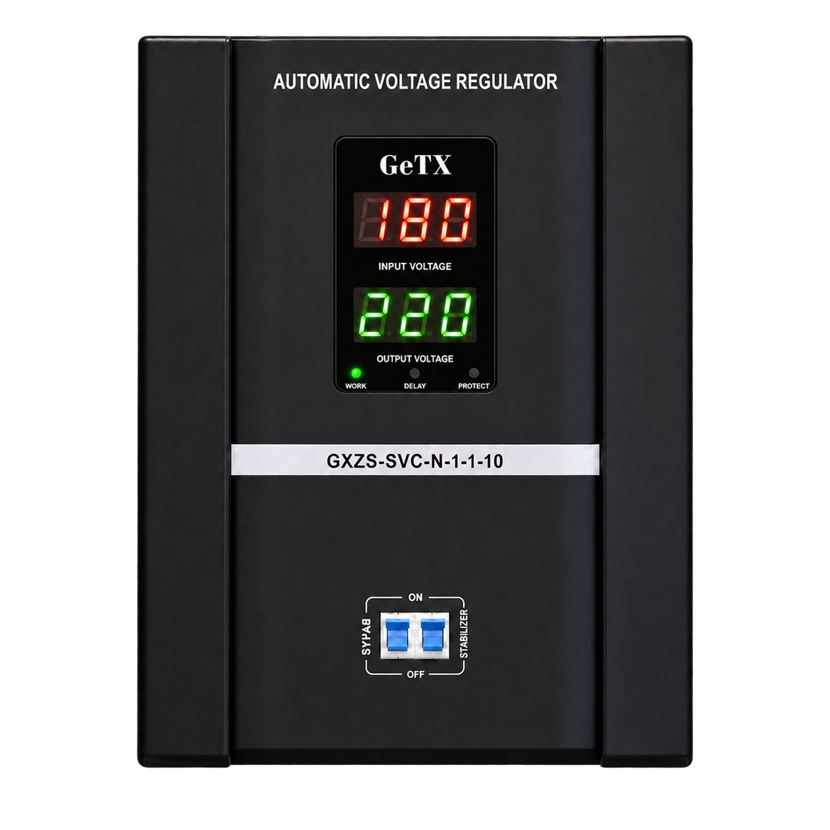 GeTX GXZS-SVC-N-1-1-10 10000VA — صورة أمامية مفرّغة وقراءات تشغيل توضيحية
