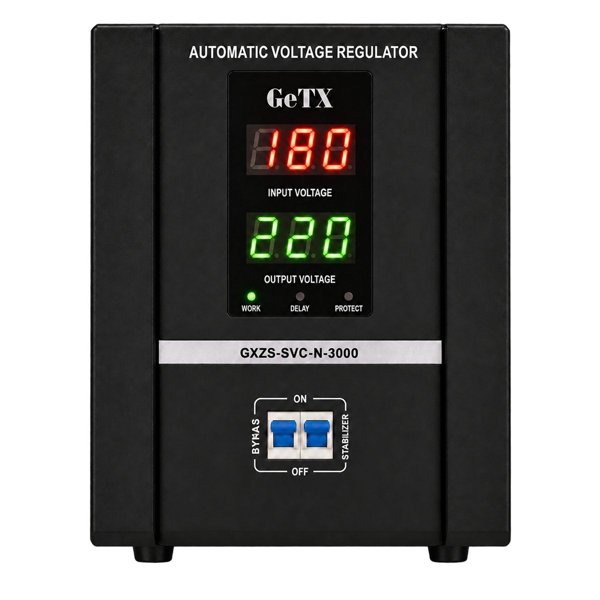 GeTX GXZS-SVC-N-3000 3000VA — صورة أمامية مفرّغة وقراءات تشغيل توضيحية