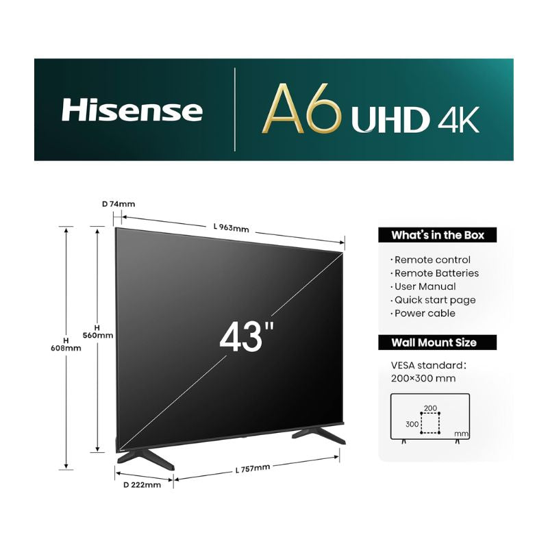 Hisense 43A61N 43" 4K UHD Smart TV with HDR – VIDAA OS– Black
