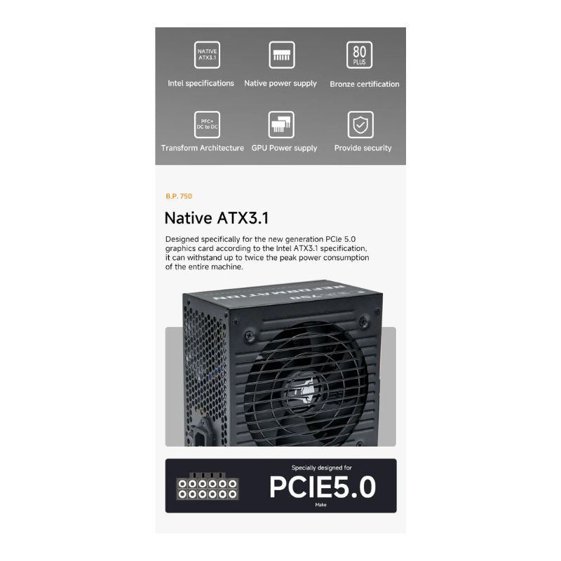 Jungle Leopard BP750 750W 80+ Bronze ATX3.1 PCIe 5.0 Full-Modular Power Supply - Black