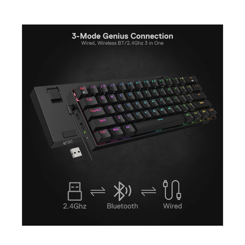 Redragon K530 PRO DRACONIC Wireless RGB Mechanical Gaming Keyboard 61 Keys Compact - Black