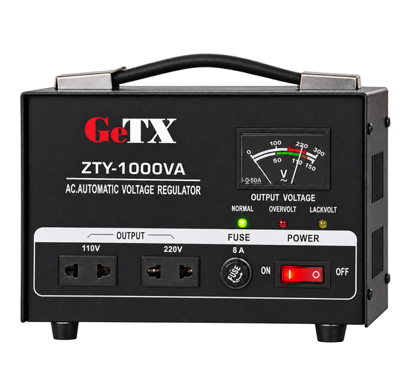 GeTX ZTY-1000VA 1000VA — صورة أمامية مفرّغة مع عرض توضيحي للتشغيل والعدّاد العقرب