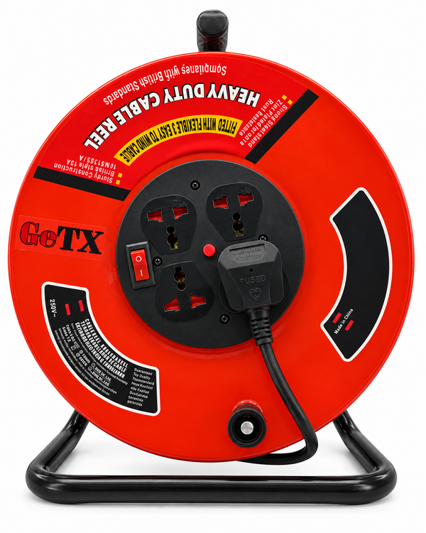 GeTX heavy duty 20m cable reel red metal drum with four outlets front view