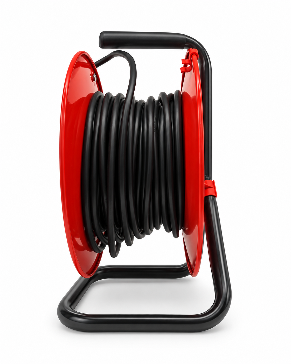 GeTX heavy duty 20m cable reel red metal drum on black stand side view