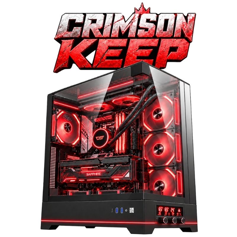 Crimson Keep Gaming PC – Ryzen 7 9850X3D & RX 9070 XT 16GB, 32GB DDR5, 1TB NVMe – Black