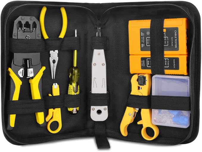 Network Repairing Plier, Handskit RJ45 RJ11 RJ12 Network Repag Plier Tool Kit with Cable Tester Spring Clamp Crimping Tool Crimping Pliers