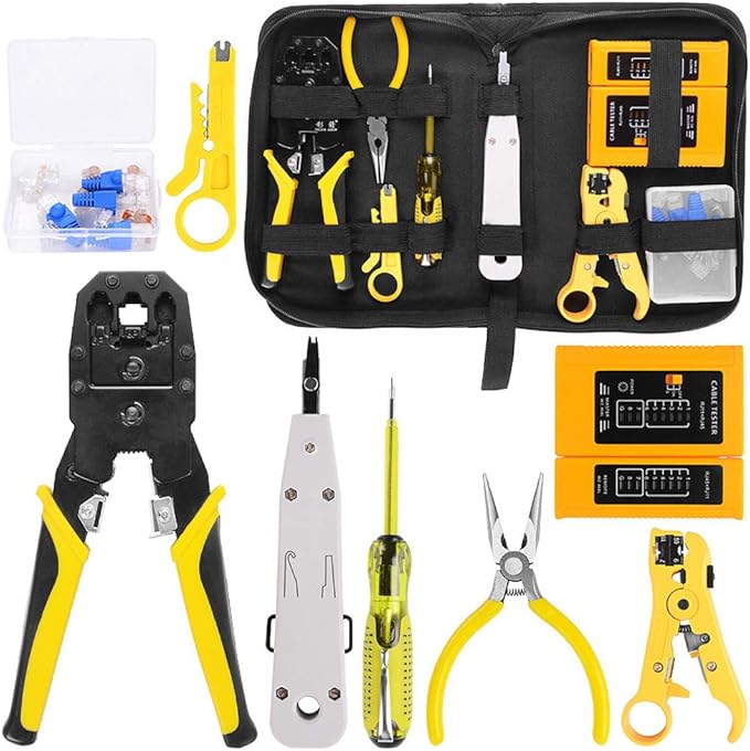 Network Repairing Plier, Handskit RJ45 RJ11 RJ12 Network Repag Plier Tool Kit with Cable Tester Spring Clamp Crimping Tool Crimping Pliers