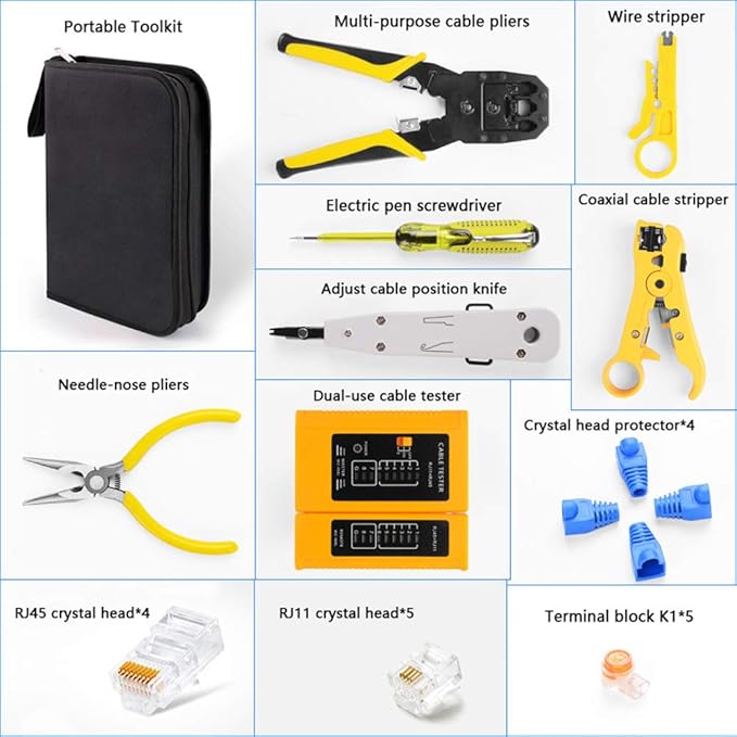 أداة تجعيد الشبكة، طقم أدوات تجعيد الشبكة RJ45 RJ11 RJ12 من Handskit مع أداة اختبار الكابلات ومشبك الزنبرك وأداة تجعيد الأسلاك