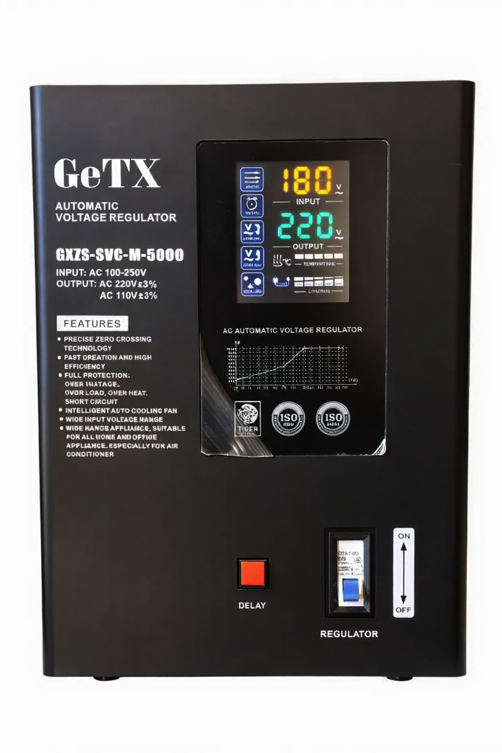 منظم جهد مؤازر أوتوماتيكي GetX 5KVA GXZS-M-1-1-5 | منظم جهد أوتوماتيكي أحادي الطور بمدخل 160-250 فولت | خرج 220 فولت بـ ±3% | حماية من ارتفاع/انخفاض الجهد
