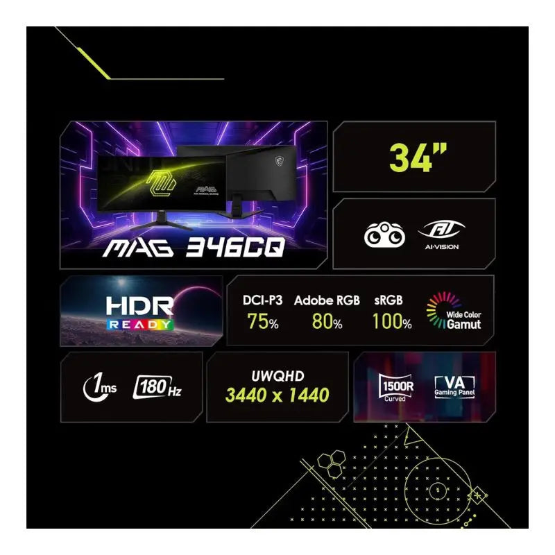 شاشة ألعاب منحنية MSI MAG 346CQ بحجم 34 بوصة ودقة 3440 × 1440 (UWQHD) ومعدل تحديث 180 هرتز – أسود