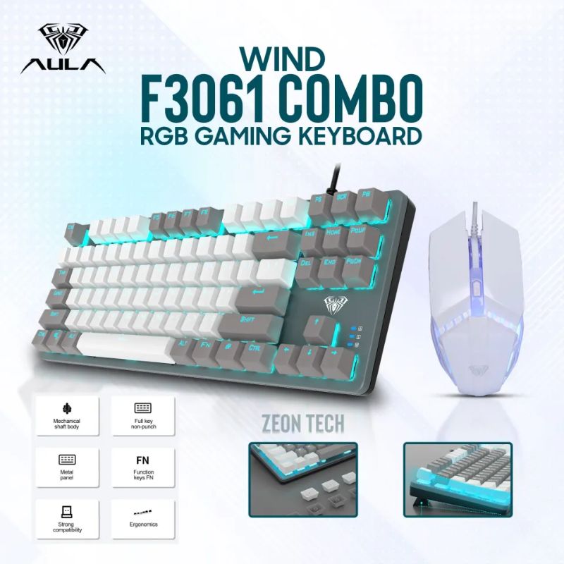 Aula F3061 Membrane Gaming Keyboard &amp; Mouse Combo - White/Grey
